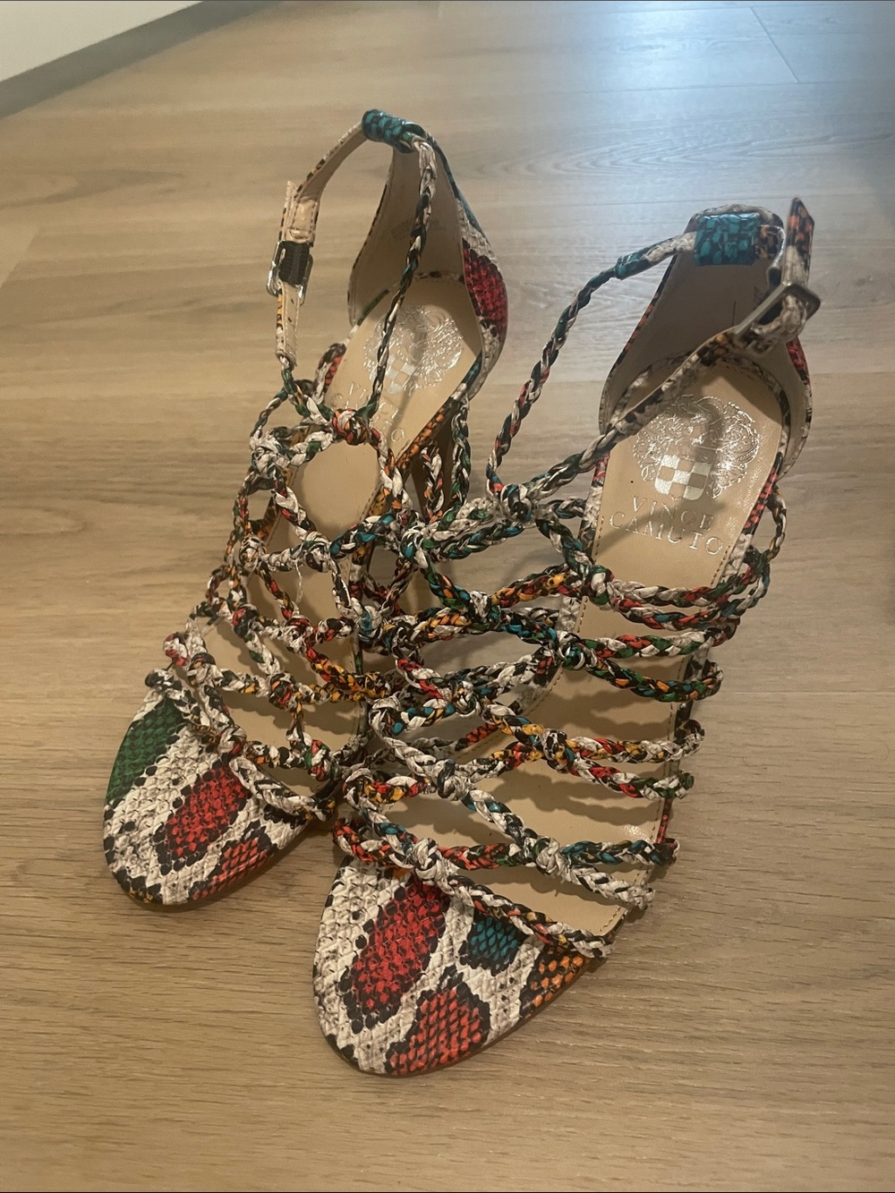 Vince Camuto Multicolor Braided Snake-Print Strappy Heels